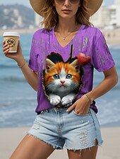 economico Maglietta Animali-Per donna Maglietta Grafico Animale Gatto Vintage Elegante Casual Manica Corta Scollo a V Top Regolari Quotidiano Stampato Blu Viola Verde Estate Primavera