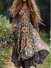 tanie Sukienki boho-Damskie Sukienka maxi Sukienka letnia Plisowana sukienka Urlop Codzienny Boho Wyjściowe Plaża Luźny / a Graficzny W Tureckie Wzory Długi rękaw W serek Głęboka zieleń Czarny Czerwony Niebieski Lato