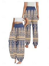 preiswerte Hose aus Baumwollleinen mit Grafik-Damen Leinen-inspirierte Hosen Weites Bein Hosen Hose Ethno-Stil Lässig Boho Volle Länge Hohe Taille Blumen Grafik Paisley-Muster Tasche Elastischer Bund Drucken Atmungsaktivität Weich Mikroelastisch
