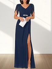 cheap Wedding Guest Dresses-A-Line Wedding Guest Dresses Elegant Dress Wedding Guest Engagement Floor Length Short Sleeve V Neck Chiffon with Ruched Beading Slit