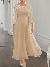 voordelige Vloerlengte-Strand Bruiloft A-Lijn Moeder van de Bruid Jurk Bruiloft Gast Elegante Juweel Hals Enkel Lengte Chiffon Kant 3/4 Lange Mouw met Pailletten Ruching 2025 gratis op maat gemaakt