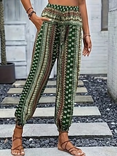 preiswerte weites Bein und hohe Taille-Damen Jogginghose Hosen Hose Urlaub Boho Volle Länge Mittlere Taille Geometrisch Elastischer Bund Atmungsaktiv Bequem Mikroelastisch Straße Alltagskleidung Ausgehen Dunkelbraun Weiß Rot Dunkelgrün