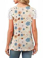 levne tričko umění a designu-Womenské blůzy Krajka Splicing Top Květinové Listy Stylový Neformální Krátký rukáv V Krk Pravidelné topy Denní Krajkový potisk Žlutá Modrá Meruňková Léto Jaro