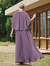 cheap Floor Length-Cape Dress A-Line Mother of the Bride Dress Elegant Simple Wedding Guest Dress Minimalist Crew Neck Floor Length Chiffon Beaded Lace Short Sleeve with Lace Beading