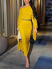 abordables Robes de cocktail-Robe de soirée jaune élégante, robe de mariée formelle, longueur au sol, manches longues, col bateau, crêpe extensible avec châle fendu, 2025