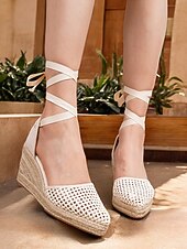 baratos Sandálias de Férias-sandálias femininas de cunha espadrille trançadas – sapatos de verão fechados com cadarço para praia, férias e roupas boho