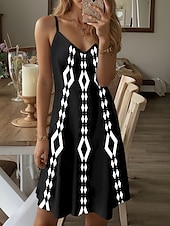 preiswerte Streifen- und geometrische Kleider-Damen Minikleid Sommerkleid A Linie Kleid Unterkleid Schulterfreies Kleid Urlaub Lässig Boho Ausgehen Strand Standard Passform Grafik Geometrisch Ärmellos V Ausschnitt Schwarz Sommer