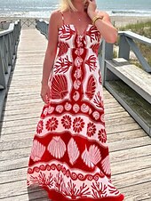 tanie Sukienki boho-Damskie Sukienka maxi Sukienka A line Sukienka na ramiączkach Codzienny Na zewnątrz Wyjściowe Plaża Regularny Kwiaty Graficzny Bez rękawów Cienkie ramiączka Czerwony Lato Wiosna