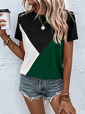 abordables T-shirt rayé et géométrique-Femmes Chemisier Géométrique Occasionnel Chaussures de plage Manche Courte Col ras du cou Hauts Réguliers Quotidien Imprimé Rose Claire Fuchsia Vert Gris Été Printemps