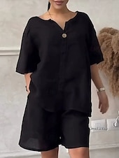 cheap Sets-Women&#039;s Fashion Streetwear Cotton Linen Sets Two Piece Sets Shorts Sets Short Sleeve V Neck Daily Wear Date Black White Army Green Summer Regular Fit