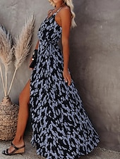 preiswerte Streifen- und geometrische Kleider-Damen Maxikleid A Linie Kleid Unterkleid Urlaub Lässig Boho Outdoor Ausgehen Strand Standard Passform Grafik Geometrisch Ärmellos Spaghettiträger Weiß Leicht Braun Blau Grau Sommer