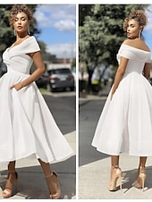 baratos Vestidos de Cocktail-Casamento na Praia Vestidos de Coquetel em A Linha Vestido Vintage Convidada de Casamento Comprimento Chá Sem Mangas Ombro à Mostra Tule com Pregas Vestidos Derby 2025