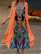 tanie Sukienka boho-Damskie Sukienka midi Letnie sukienki Codzienny Sukienki półformalne Codzienny Święto Randka Regularny Graficzny Plemienny Rękaw 3/4 Półgolf Rumiany róż Niebieski Pomarańczowy Zielony Lato Wiosna