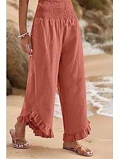 economico Pantaloni in lino e cotone semplici-Per donna Pantaloni in cotone e lino Pantaloni Eleganti Moda Streetwear Lunghezza intera Naturale Semplice Volant Elastico in vita All&#039;aperto Confortevole All&#039;aperto Vacanza Uscire Rosso arancione