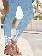abordables Impression 3D Bleue-Leggings pour femmes Pantalons Impression 3D Vacances Vintage Mode Longueur Complète Haute Taille Imprimé Graphique Floral Respirant Doux Extensible Vacances Décontracté Quotidien Bleu Œuf de