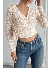 preiswerte Spitzenoberteile-Damen Bluse Spitzentops Einfach Modern Langarm V Ausschnitt Crop Tops Täglich Ferien Ausgehen Spitze Beige Sommer