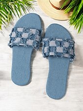 levne Sandály na dovolenou-dámské roztřepené modré džínové kostkované sandály – neformální modré letní boty k bazénu a na pláž