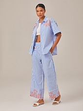 economico Set da due pezzi-Per donna Femminile Camicia button-down Camicia casual Albero A righe Casuale Corte Blu Ricamato Bottoni Manica Corta Elegante Vacanza Casual Colletto a Camicia Estate