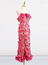 abordables Robes de cocktail-Robes Fourreau  Colonne Robe Rose Fuchsia Invité de Mariage Robe de Cocktail Sans Manches Sans Épaule Fleurs avec Dentelle Brodée