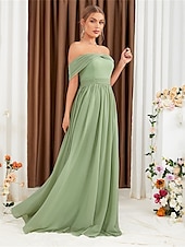 baratos Vestidos para Madrinhas-Linha A Vestido de Madrinha Ombro a Ombro Sem Manga Elegante Longo Chiffon com Pregas 2022