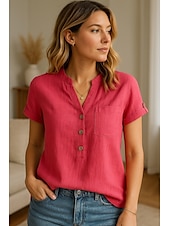 voordelige Overhemden-Dames Knoop omhoog Katoenen linnen overhemd Effen Stijlvol Modern Korte mouw V-hals Normale tops Dagelijks Feestdagen Knop Rood blauw Zomer