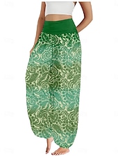 billiga Grafisk linnebyxa i bomull-Dam Linneinspirerade byxor Brett skaft Byxor Etnisk Stil Ledigt Boho Fullängd Hög midja Blommig Paisley Ficka Elastisk midja Tryck Mateial som andas Mjuk Microelastisk Utomhus Yoga Röd Blå Mörkgrön