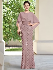 baratos Comprimento do chão-vestido de capa para mãe da noiva, vestido com contas de renda, elegante, simples e minimalista, gola redonda, comprimento até o chão, tule, manga curta 2025