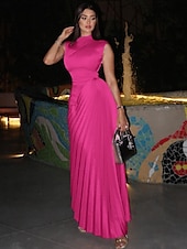 cheap PINK-Pink A-Line Evening Gown Elegant Dress Formal Floor Length Sleeveless Halter Neck Pocket Satin with Ruched