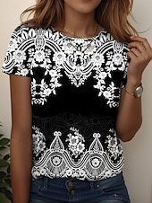 tanie T-shirt boho-Damskie Podkoszulek Graficzny W Tureckie Wzory Zabytkowe Elegancki Codzienny Krótki rękaw Półgolf Zwykłe topy Codzienny Weekend Stroje plażowe Nadruk Czarny + Biały + Czerwony Czarny Rumiany r