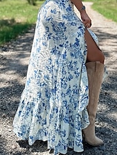 abordables Short en lin et coton-Femmes Jupe Occasionnel Boho Maxi Taille Basse Jupes Fleuri Imprimé Fendu Micro-Élastique Vacances Rue Blanche Été Polyester