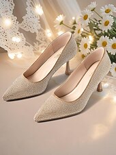 cheap Cocktail-Women&#039;s Champagne Rhinestone Pointed Toe Kitten Heels – Elegant Slip-On Glitter Pumps for Cocktail Parties and Holiday Celebrations