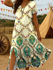 abordables Robes fleuries-Femmes Robe Midi Robe d&#039;Été Robe d&#039;été Vacances Occasionnel Boho Sortir Plage Coupe Ample Graphique Tribal Manche Courte Col en V Jaune Bleu Violet Été Printemps