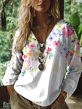 abordables Tops Boho pour Femmes-Blouse Boho Femme Graphique Florale Bohémienne Vintage Tropicale Manches 3/4 Décolleté en V Tops Réguliers Rouge Été Printemps