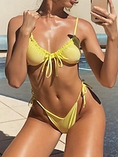 abordables Ensemble de bikinis-Maillots de bain pour femmes Bikini 2 pièces Maillot de bain thong Dos nu Slim Mode de vacances Couleur unie Col en V Sans manches Maillots de bain
