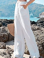 cheap Plain Cotton Linen Pant-Women&#039;s Wide Leg Baggy Pants Solid Color Fashion Basic Full Length High Waist Plain Pocket Comfort Outdoor Micro-elastic Vacation Street Daily Deep Green Black White Summer Spring Regular Fit
