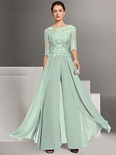 abordables Combinaisons pour maman-Combinaison deux pièces  tailleur mère de la mariée invitée de mariage église élégante petite décolleté bateau longueur sol chiffon manches mi-longues avec appliqués taille personnalisée gratuite