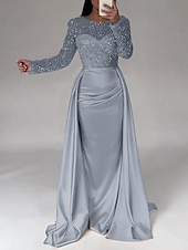 cheap CHAMPAGNE-Mermaid Sequin Evening Gown Ruched Champagne Satin Dress Long Sleeves Masquerade Floor Length Illusion Neck with Pearls Overskirt dress 2025
