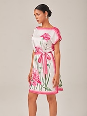 baratos Vestidos Florais-vestido midi fluido com decote canoa e estampa floral