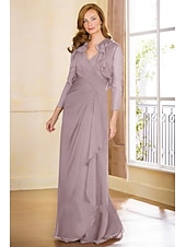 abordables Avec veste-Deux Pièces Ligne A Robe de Mère de Mariée  Élégant Col en V Longueur au sol Chiffon manche longue Echarpe incluse avec Volants Niveaux Couleur Unie 2025