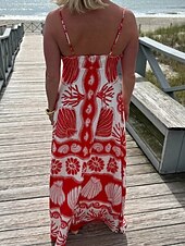 tanie Sukienki boho-Damskie Sukienka maxi Sukienka A line Sukienka na ramiączkach Codzienny Na zewnątrz Wyjściowe Plaża Regularny Kwiaty Graficzny Bez rękawów Cienkie ramiączka Czerwony Lato Wiosna