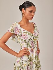 baratos Vestidos Florais Elegantes-Feminino Vestido de chiffon Vestido Longo Amarelo Verão Decote Princesa Elegante Férias Moda S M L