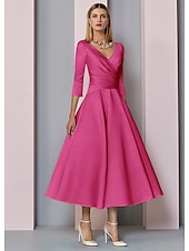 voordelige Vloerlengte-Strand Bruiloft A-Lijn Gouden Jurken Moeder van de Bruid Jurk Bruiloft Gast Elegante Vintage Plus Size V Hals Thee Lengte Satin 3/4 Lengte Mouw met Plissé dress to impress 2025 gratis op maat gemaakt