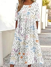 abordables Robes fleuries-Femmes Robe Midi Robe Décontractée Robe de patinage Robe d&#039;été Mode Moderne Quotidien Week-end Coupe régulière Fleuri Demi Manches Col en V Blanche Bleu Violet Kaki Été