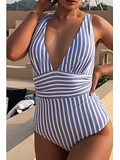 abordables Maillots de bain une pièce-Femmes Maillots de Bain Une Pièce Maillot de bain Dos nu Tropical Tenues de plage Rayé Fil en V Sans manches Maillots de bain