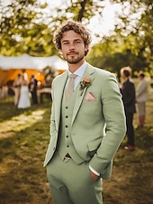 economico Abiti da sposa-Abiti da uomo in lino, modello da sposo, estivi, formali, tinta unita, vestibilità standard, 3 pezzi, monopetto, due bottoni