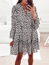 billiga Blommiga klänningar-Dam Mini klänning Volangkjol Ledigt Utomhus Utekväll Lös passning Grafisk Leopard 3/4 ärm V-hals Svart Vit Rodnande Rosa Blå Sommar