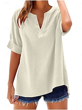 voordelige Overhemden-Dames Blouse Effen Basic Casual Korte mouw Gekerfde nek Normale tops Dagelijks Knop Zak Rood blauw Paars Beige Zomer Lente