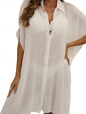 cheap Beach Dresses-Women&#039;s Swimsuits Cover Up Swim Dress Swimsuit Buttons UV Protection Vacation Beach Wear Solid Color V Neck Short Sleeves Bathing Suits