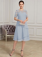 abordables Longueur du thé-Robe mère de la mariée A-Line élégante formelle à col bijou longueur thé en chiffon à courte manche avec dentelle taille sur mesure gratuite