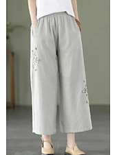 economico Pantaloni in lino e cotone semplici-Per donna Pantaloni in cotone e lino Moda Streetwear Lunghezza intera Naturale Floreale Ricamato Tasca Elastico in vita Comodo All&#039;aperto Confortevole All&#039;aperto Vacanza Ferie Aalbicocca Blu cielo